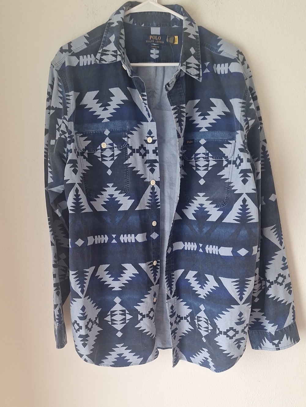 Polo by Ralph Lauren Navy Light Blue Southwestern Cowboy Denim Shirt Jacket Sz L